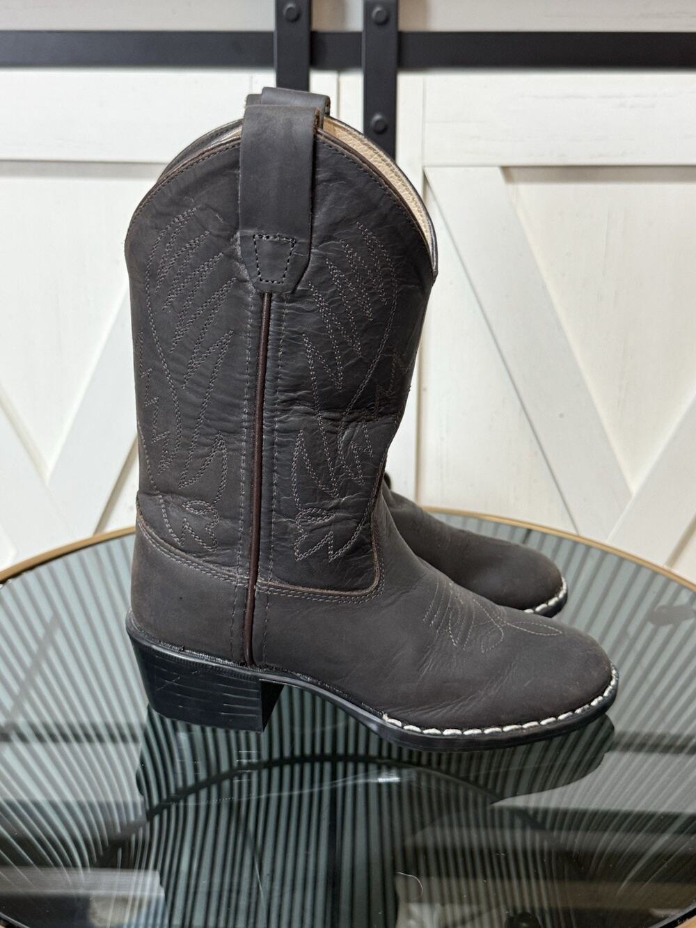 Old West 1151nKids Brown Leather Western Cowboy Boots Embroidered Size 10.5